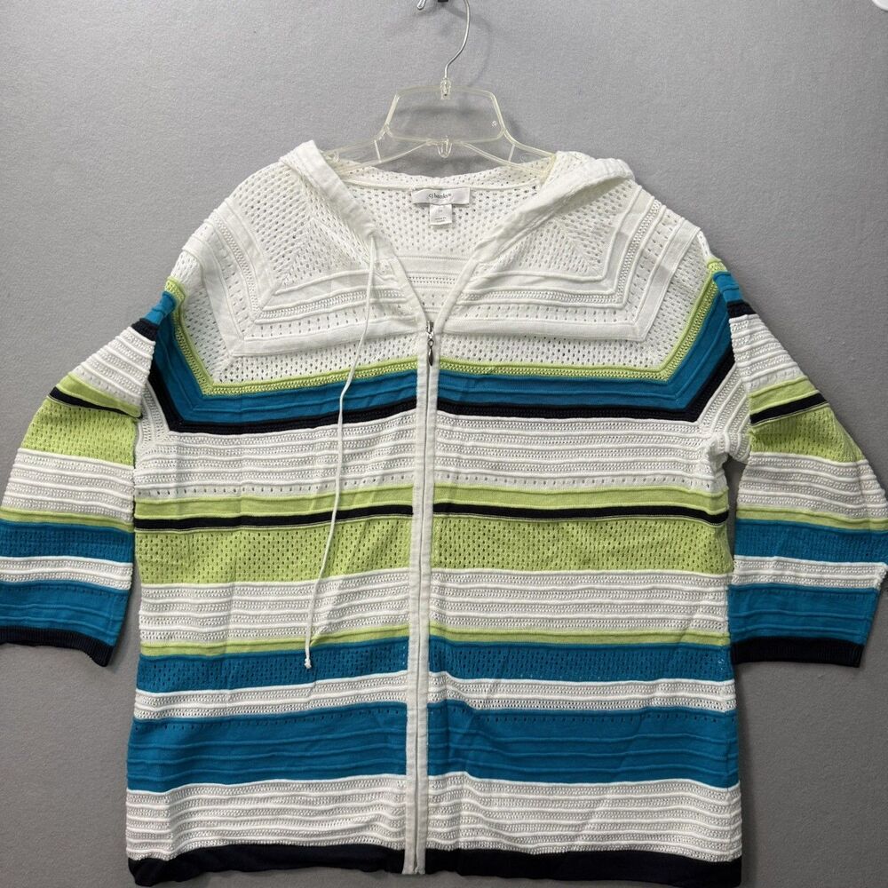 Christopher Banks Hoodie Sweater Women 1X Blue Green White Striped Knit Full Zip